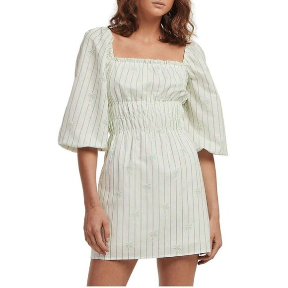 Charlie Holiday Linen Cotton Smocked Mini Dress Stripes Palm Trees Size 2 - Picture 1 of 11